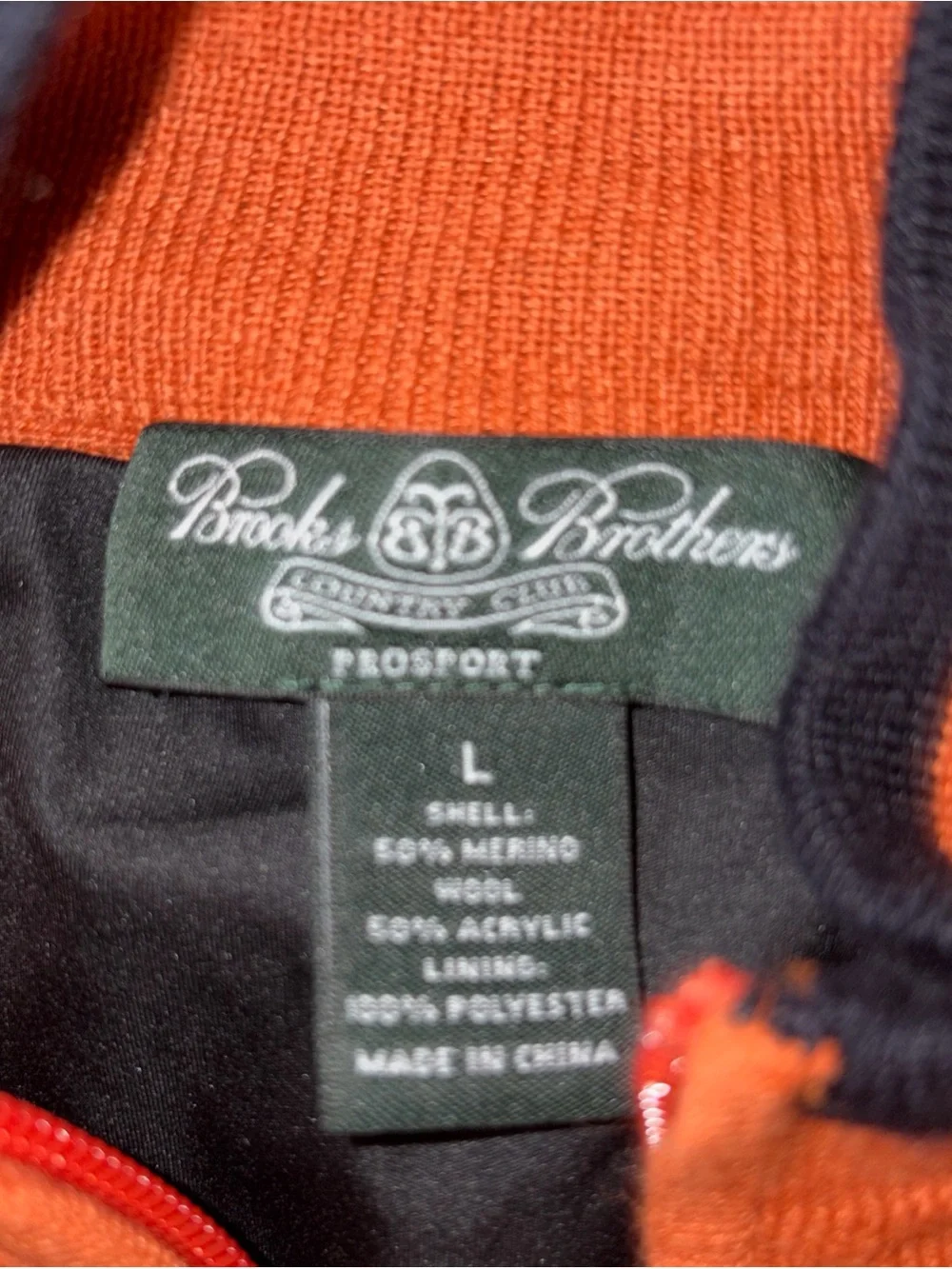 Brooks Brothers Men L Orange Merino Wool Acrylic Lined Wind Sweater 1/4 Zip Golf